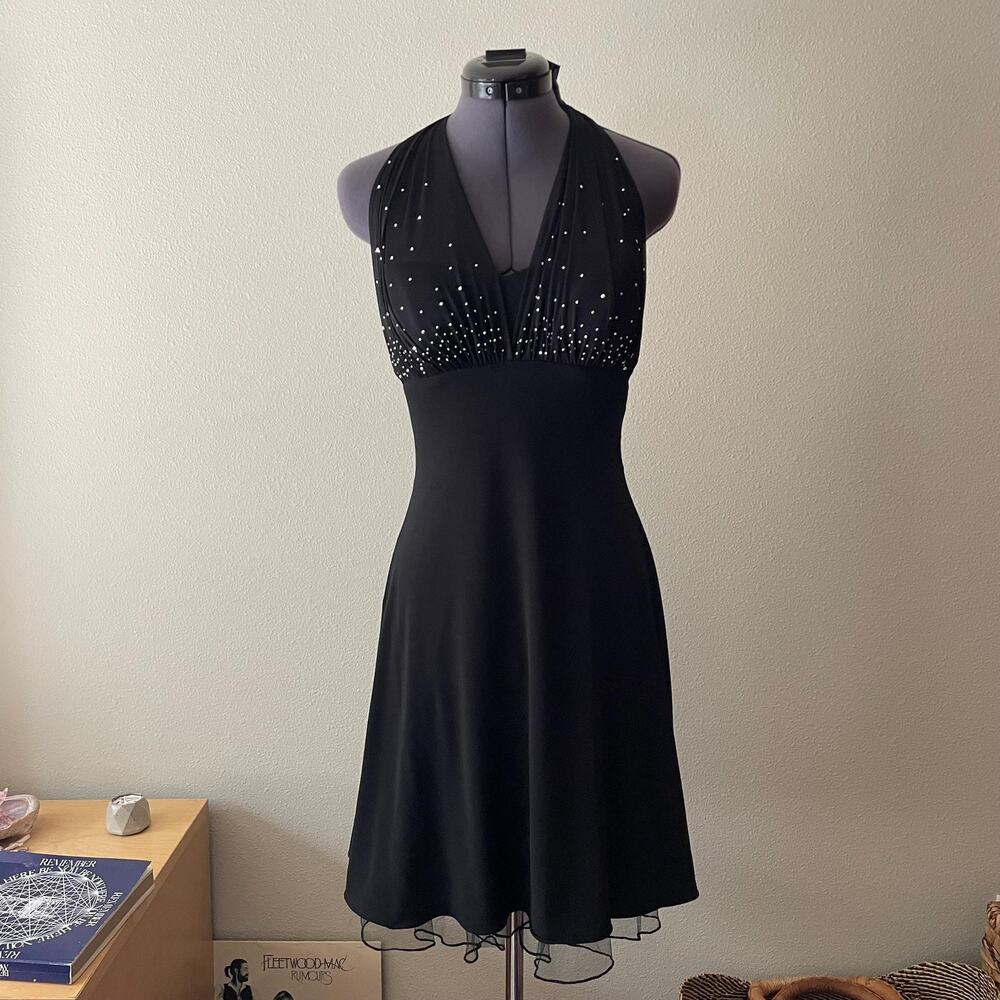 y2k vintage 2000s black halter dress semi formal rhinestones prom wedding guest